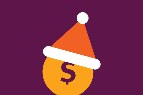 An illustration of a dollar-sign face wearing a Santa hat.
