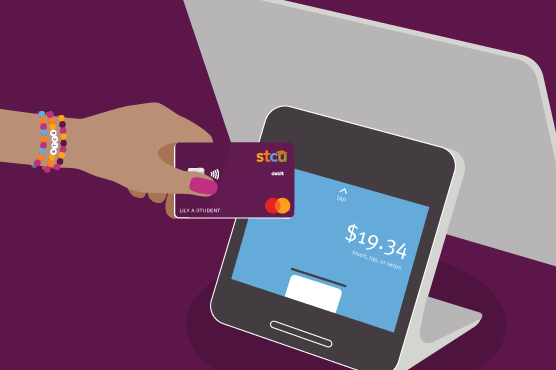 Illustration shows hand tapping STCU debit card at checkout